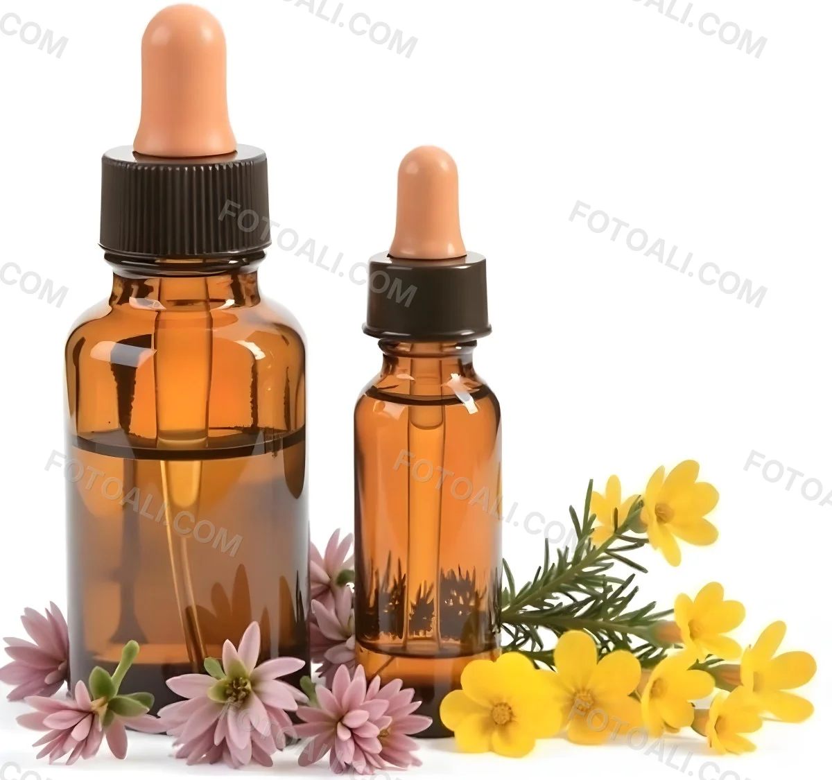 Two Glass Bottles Of Essential Oil With Flowers And Leaves In The Background Set In A Bright Sunny Day With Soft Natural Light 39 2201