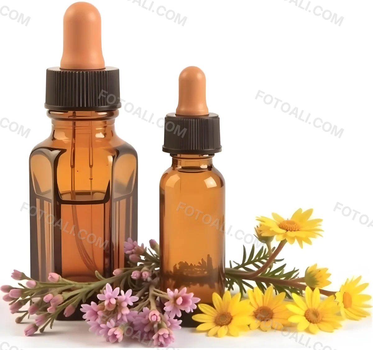 Two Glass Bottles Of Essential Oil With Flowers And Leaves In The Background Set In A Bright Sunny Day With Soft Natural Light 4 551e
