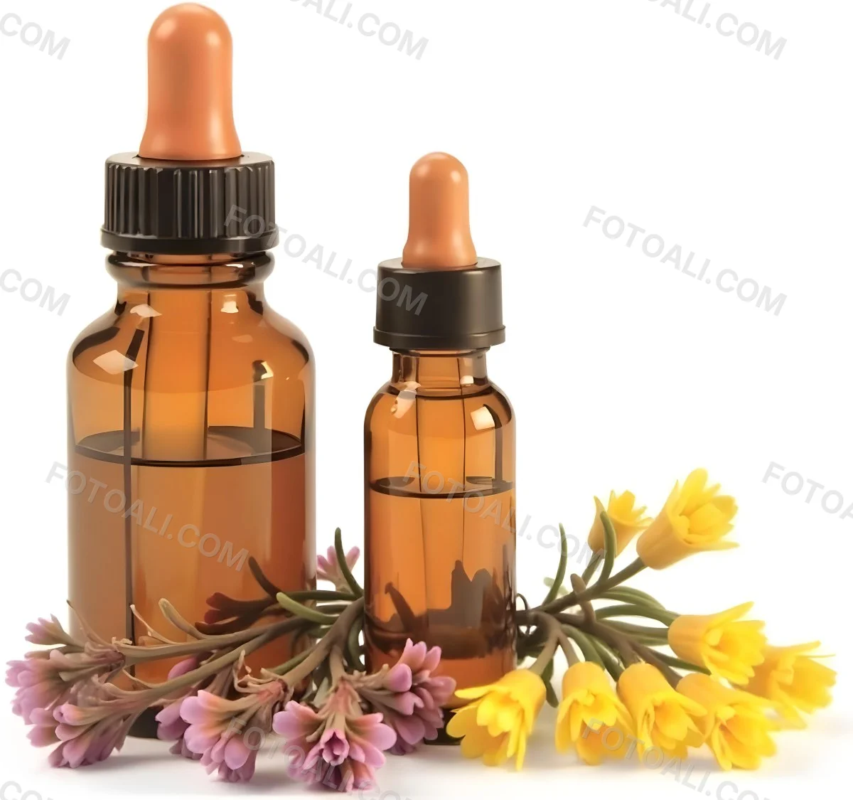 Two Glass Bottles Of Essential Oil With Flowers And Leaves In The Background Set In A Bright Sunny Day With Soft Natural Light 42 Ad5d
