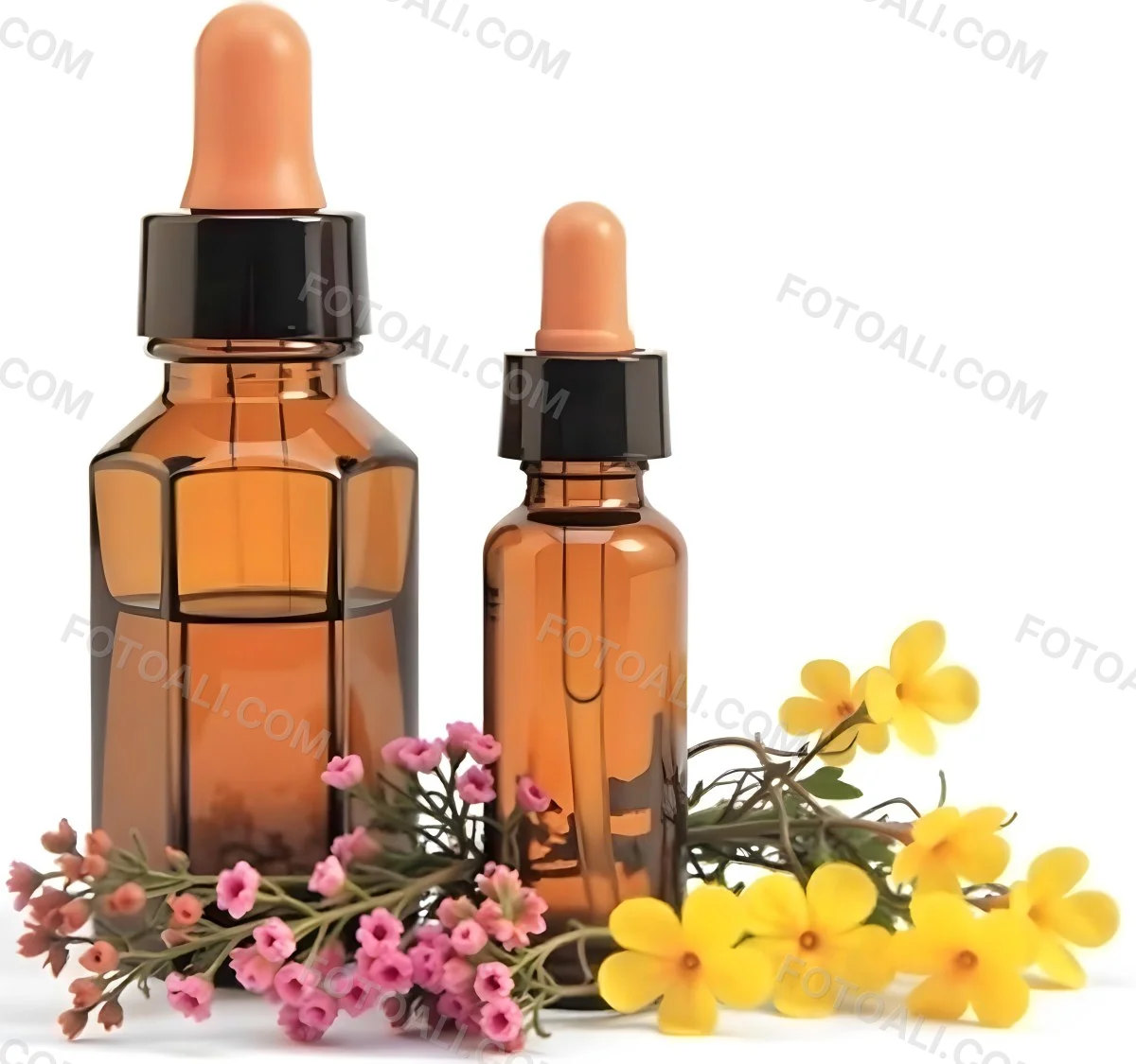 Two Glass Bottles Of Essential Oil With Flowers And Leaves In The Background Set In A Bright Sunny Day With Soft Natural Light 6 E792