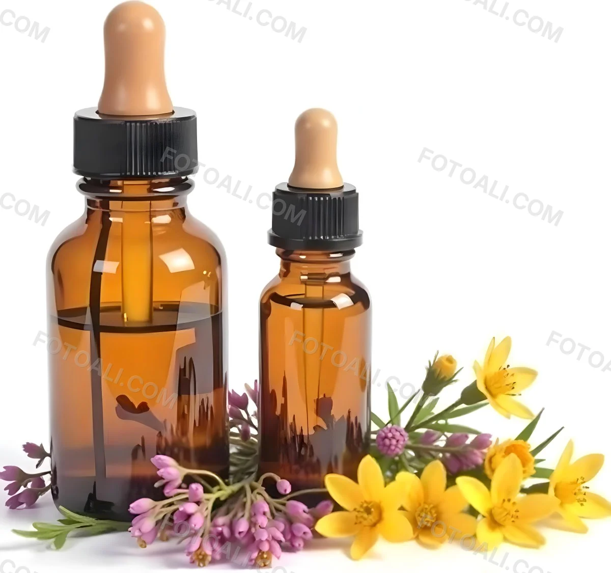Two Glass Bottles Of Essential Oil With Flowers And Leaves In The Background Set In A Bright Sunny Day With Soft Natural Light 9 19f3