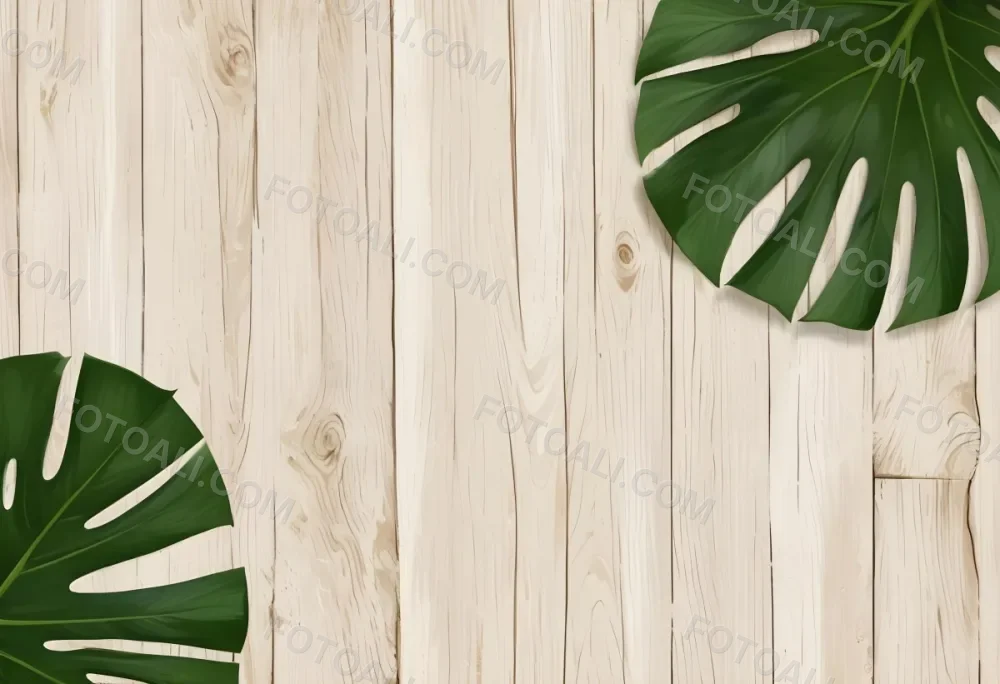 Two Green Monstera Leaves On The Corners Of A Wooden Planks Background Light Brown Color Vertical Lines Natural Light 30 7ce1