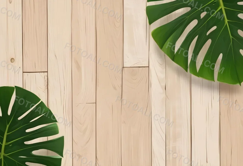 Two Green Monstera Leaves On The Corners Of A Wooden Planks Background Light Brown Color Vertical Lines Natural Light 4 E5f6
