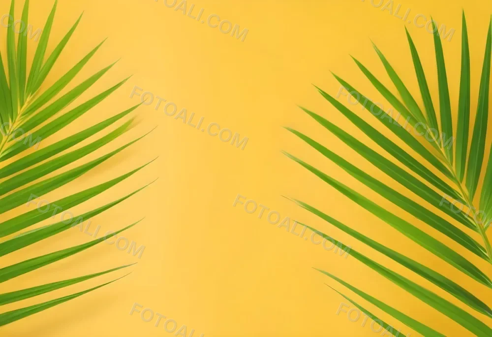 Two Green Palm Leaves On The Sides Symmetrical Composition Vibrant Green Background Tropical Theme Minimalist Design Bright Lighting Clean Aesthetic Summer Vibes Nature Inspired Simple And Elegant 1 E8f9