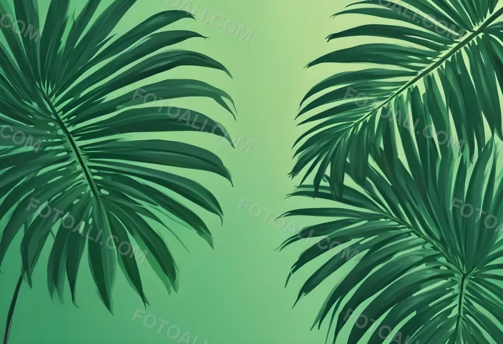 Two Green Palm Leaves On The Sides Symmetrical Composition Vibrant Green Background Tropical Theme Minimalist Design Bright Lighting Clean Aesthetic Summer Vibes Nature Inspired Simple And Elegant 10 B699