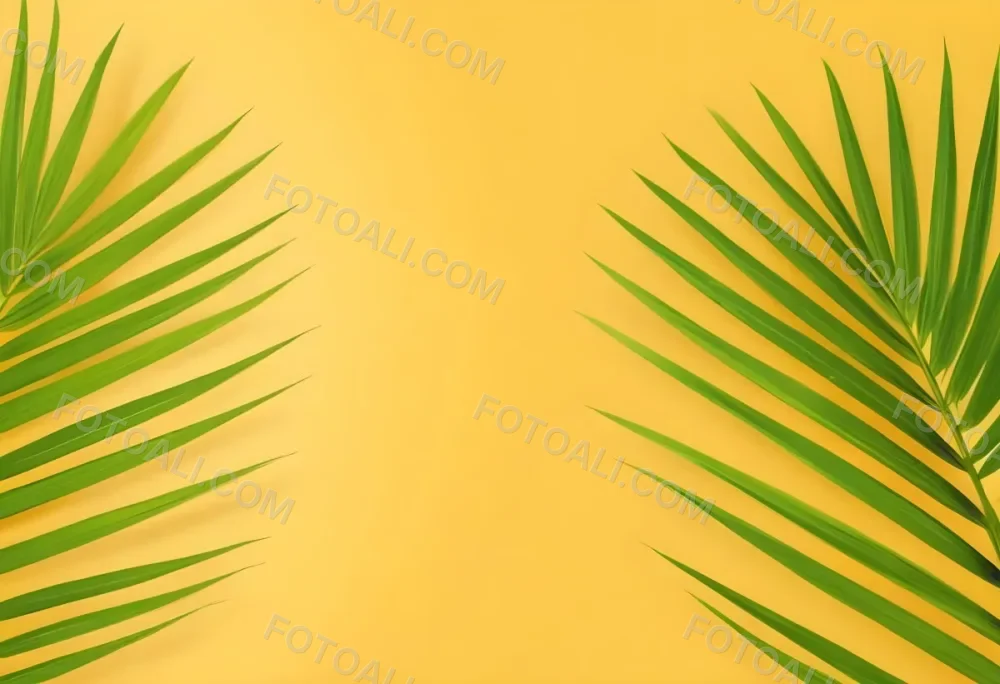 Two Green Palm Leaves On The Sides Symmetrical Composition Vibrant Green Background Tropical Theme Minimalist Design Bright Lighting Clean Aesthetic Summer Vibes Nature Inspired Simple And Elegant 13 E56d