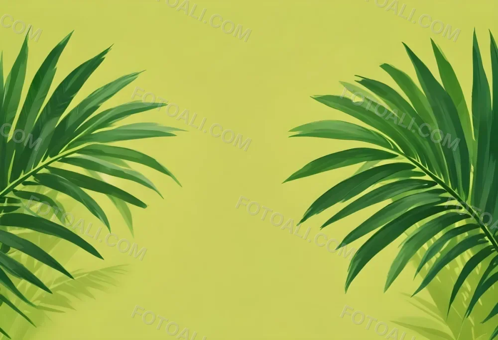 Two Green Palm Leaves On The Sides Symmetrical Composition Vibrant Green Background Tropical Theme Minimalist Design Bright Lighting Clean Aesthetic Summer Vibes Nature Inspired Simple And Elegant 23 E3c7