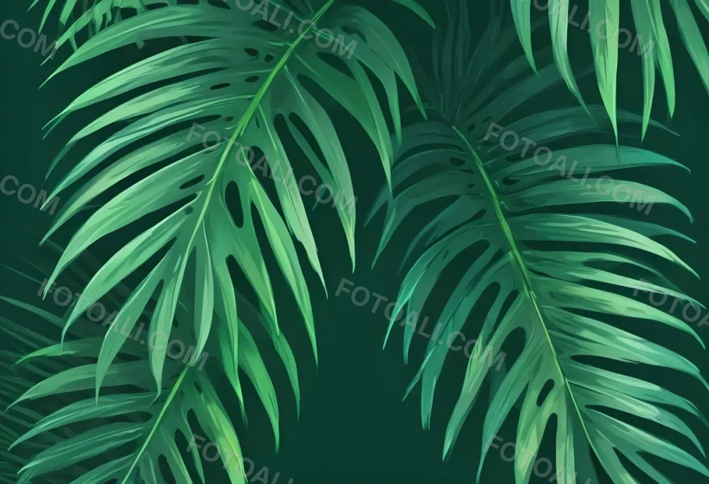 Two Green Palm Leaves On The Sides Symmetrical Composition Vibrant Green Background Tropical Theme Minimalist Design Bright Lighting Clean Aesthetic Summer Vibes Nature Inspired Simple And Elegant 37 F4ea