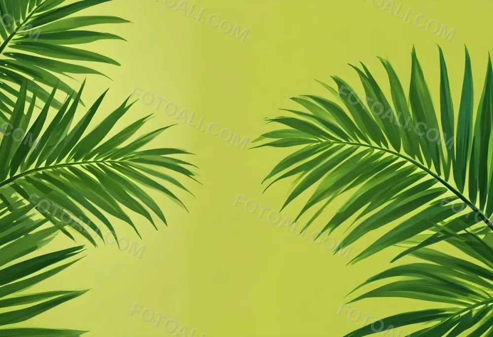 Two Green Palm Leaves On The Sides Symmetrical Composition Vibrant Green Background Tropical Theme Minimalist Design Bright Lighting Clean Aesthetic Summer Vibes Nature Inspired Simple And Elegant 41 6f62
