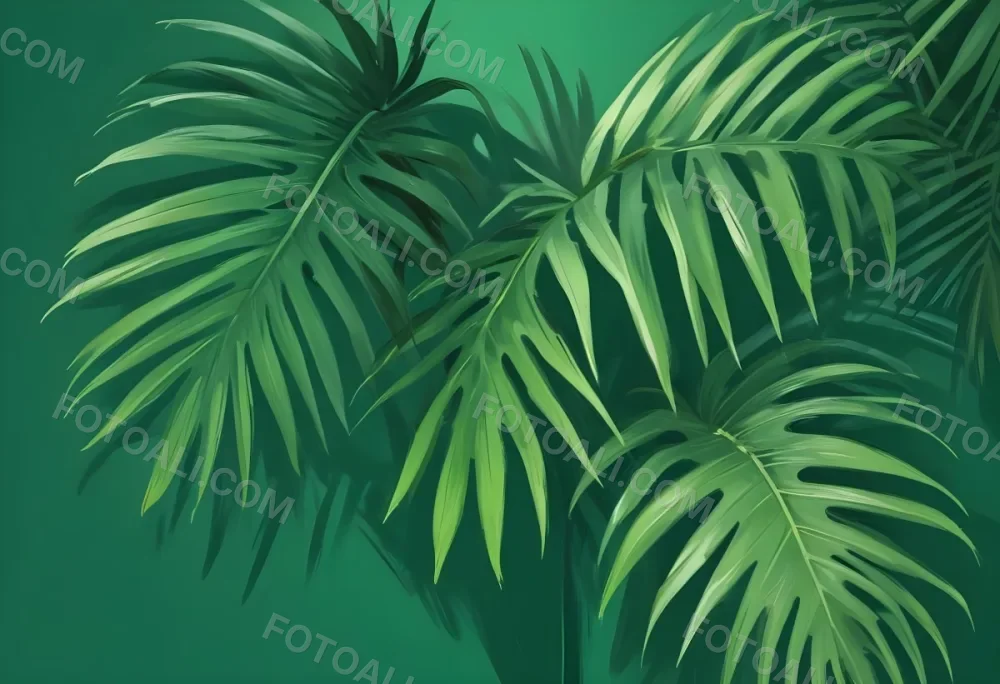 Two Green Palm Leaves On The Sides Symmetrical Composition Vibrant Green Background Tropical Theme Minimalist Design Bright Lighting Clean Aesthetic Summer Vibes Nature Inspired Simple And Elegant 47 265a