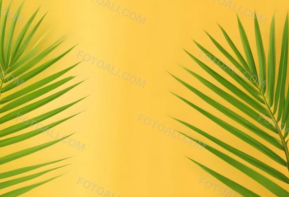 Two Green Palm Leaves On The Sides Symmetrical Composition Vibrant Green Background Tropical Theme Minimalist Design Bright Lighting Clean Aesthetic Summer Vibes Nature Inspired Simple And Elegant 7 1e59