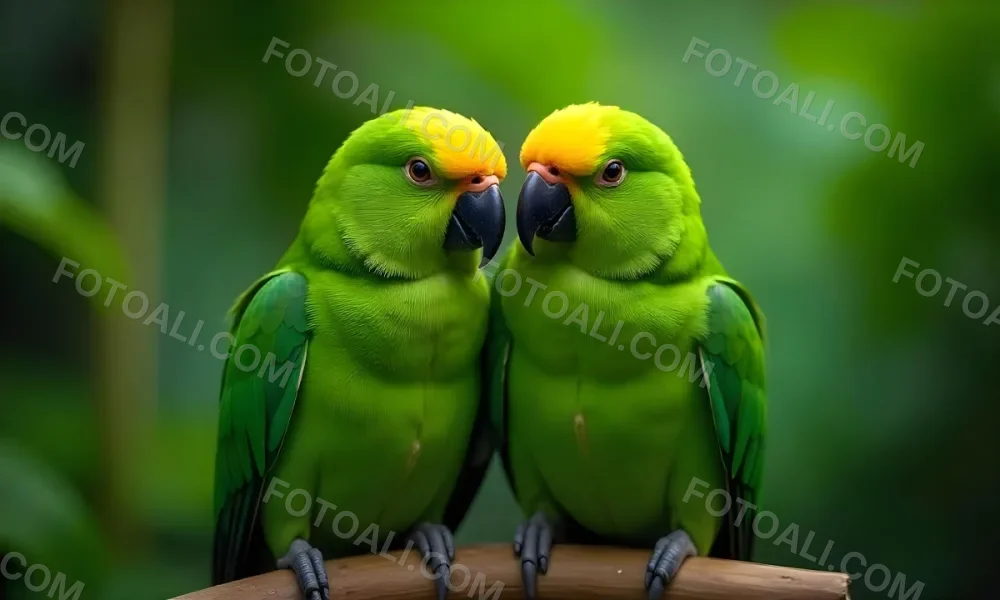Two Green Parrots With Bright Yellow Heads And Beaks Perched Together In A Tropical Rainforest 6 6682