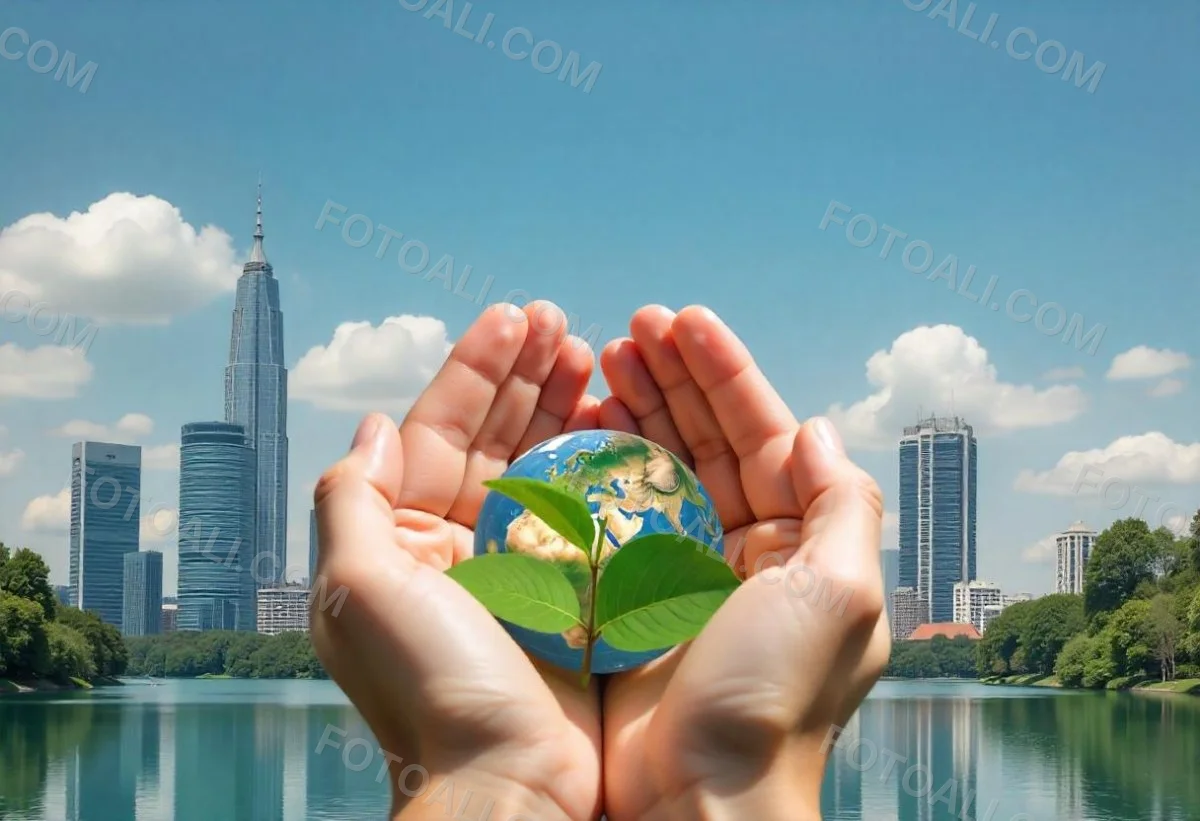 Two Hands Holding A Green Sprout In The Background A City With Skyscrapers And A Globe Concept Of Environmental Protection And Sustainability 1 3a75
