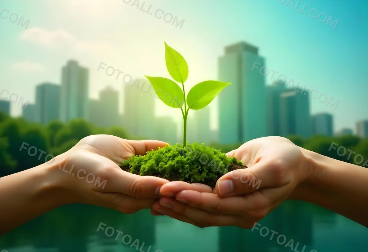 Two Hands Holding A Green Sprout In The Background A City With Skyscrapers And A Globe Concept Of Environmental Protection And Sustainability 13 Eb5b