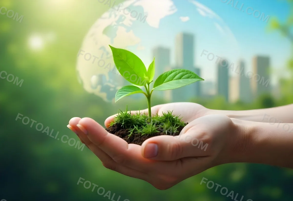 Two Hands Holding A Green Sprout In The Background A City With Skyscrapers And A Globe Concept Of Environmental Protection And Sustainability 19 9ceb