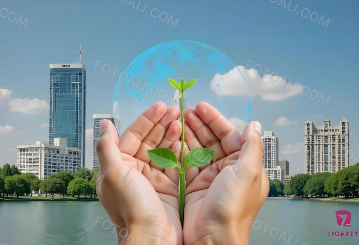 Two Hands Holding A Green Sprout In The Background A City With Skyscrapers And A Globe Concept Of Environmental Protection And Sustainability 20 A13b