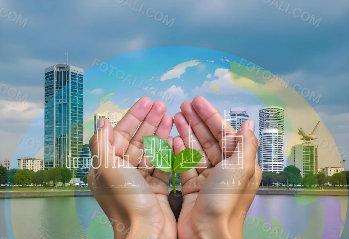 Two Hands Holding A Green Sprout In The Background A City With Skyscrapers And A Globe Concept Of Environmental Protection And Sustainability 22 1c75