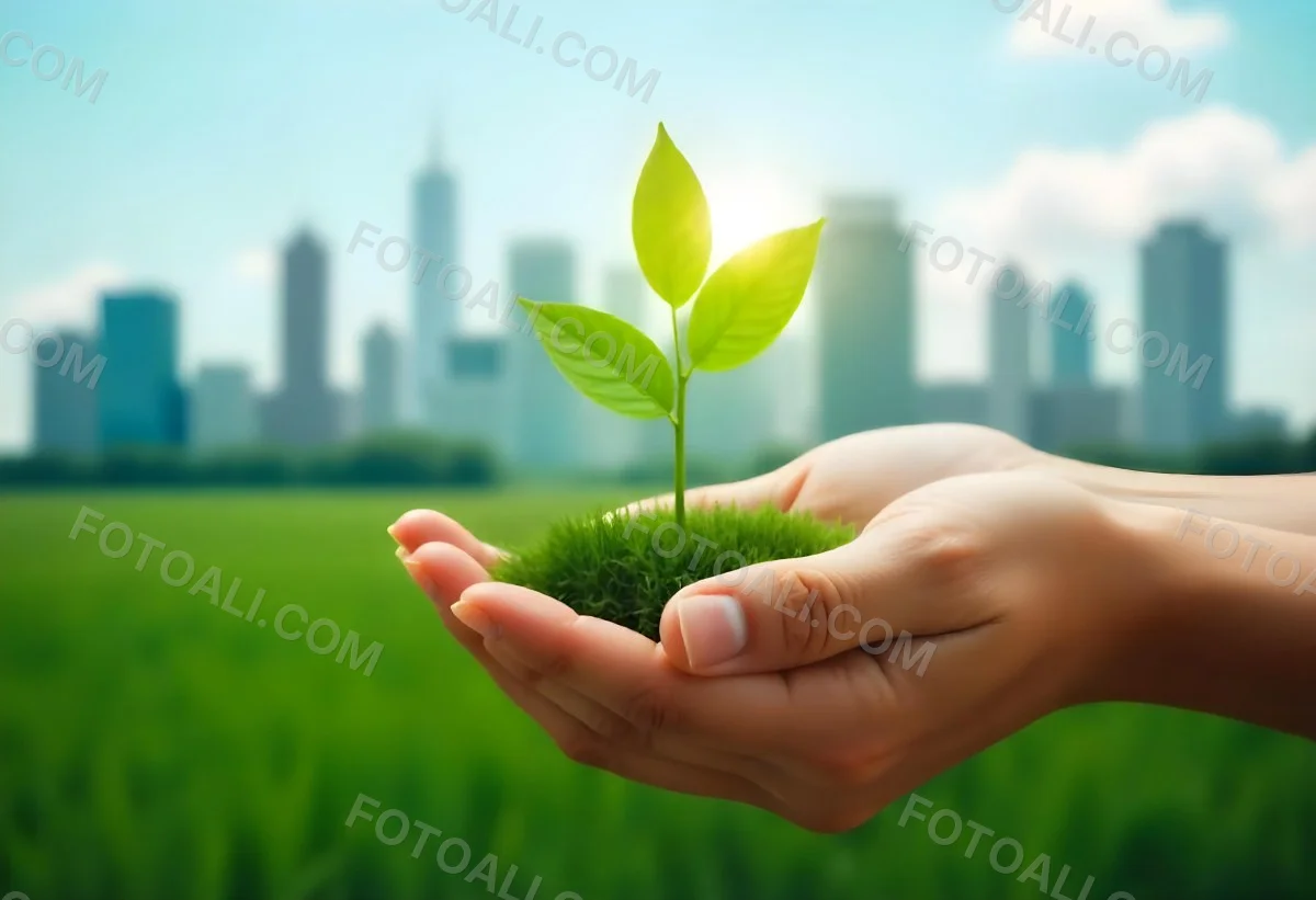 Two Hands Holding A Green Sprout In The Background A City With Skyscrapers And A Globe Concept Of Environmental Protection And Sustainability 23 E06a