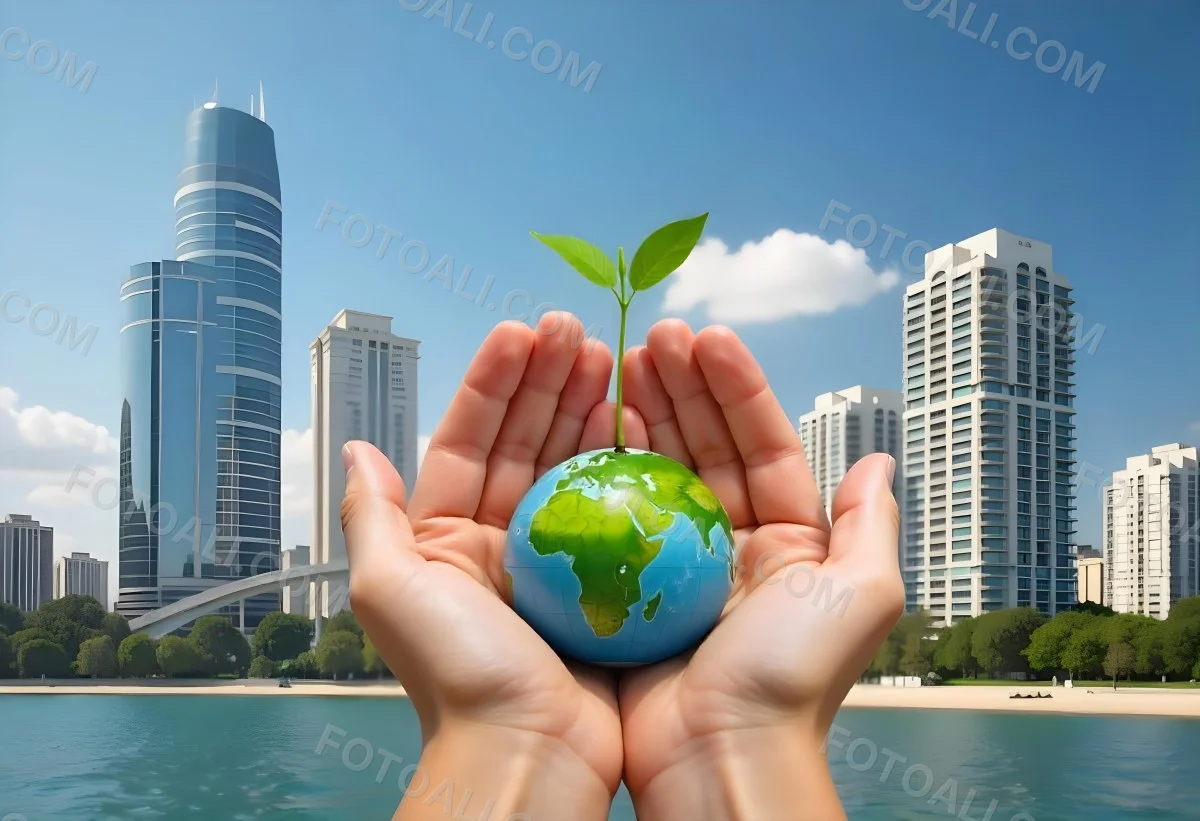 Two Hands Holding A Green Sprout In The Background A City With Skyscrapers And A Globe Concept Of Environmental Protection And Sustainability 25 5066