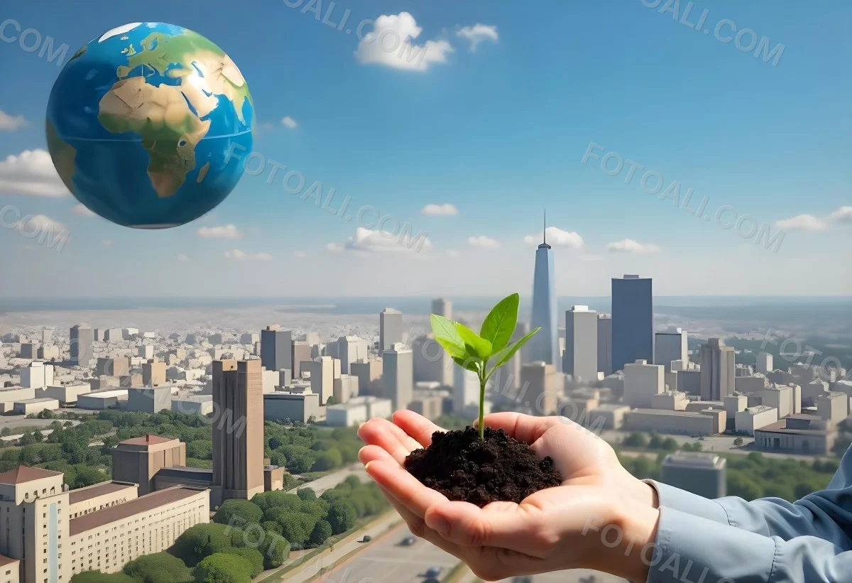 Two Hands Holding A Green Sprout In The Background A City With Skyscrapers And A Globe Concept Of Environmental Protection And Sustainability 26 Ea2f