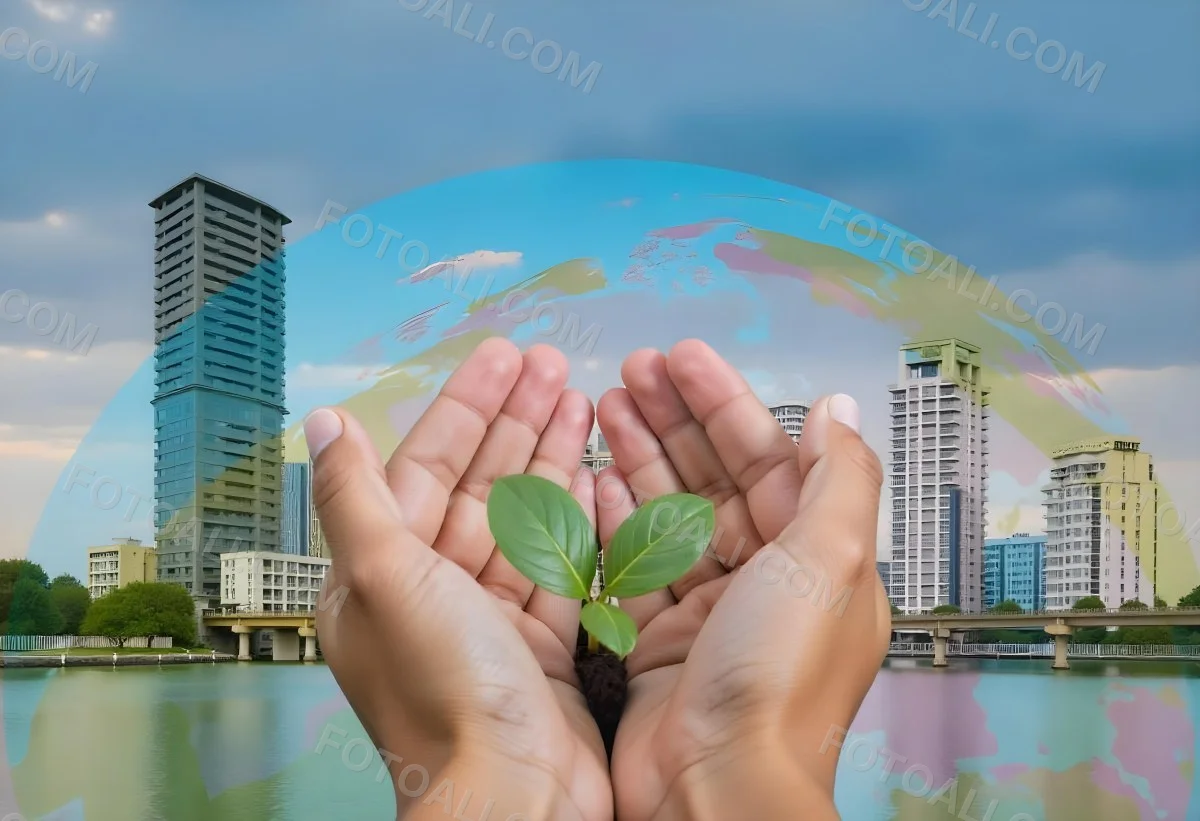 Two Hands Holding A Green Sprout In The Background A City With Skyscrapers And A Globe Concept Of Environmental Protection And Sustainability 3 D13b