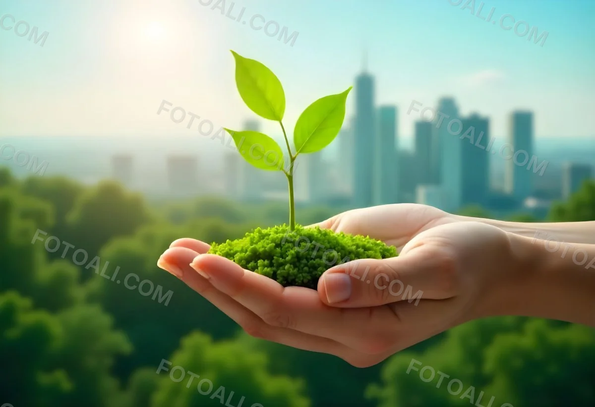 Two Hands Holding A Green Sprout In The Background A City With Skyscrapers And A Globe Concept Of Environmental Protection And Sustainability 30 66c6
