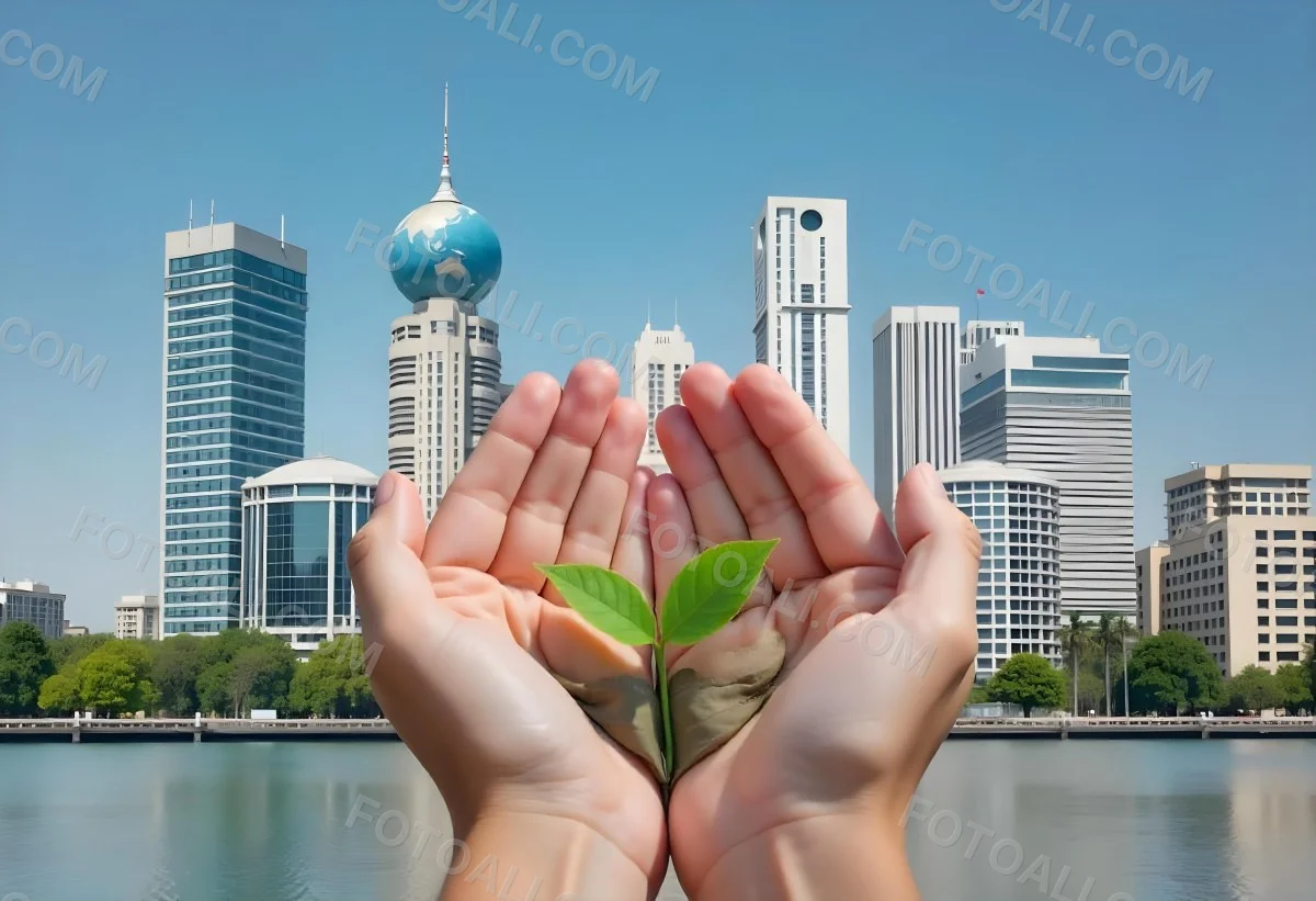 Two Hands Holding A Green Sprout In The Background A City With Skyscrapers And A Globe Concept Of Environmental Protection And Sustainability 31 7241