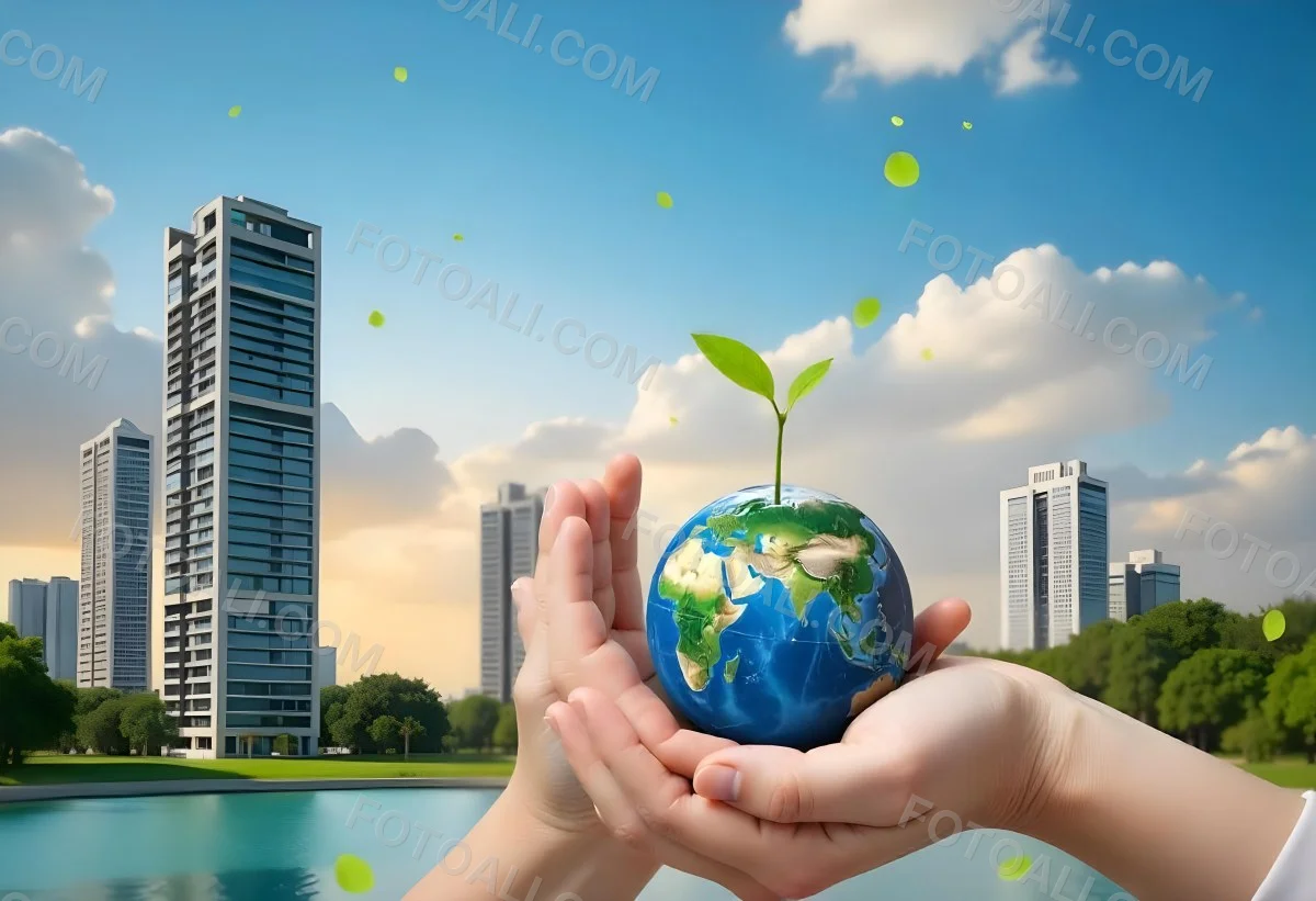 Two Hands Holding A Green Sprout In The Background A City With Skyscrapers And A Globe Concept Of Environmental Protection And Sustainability 32 05b7