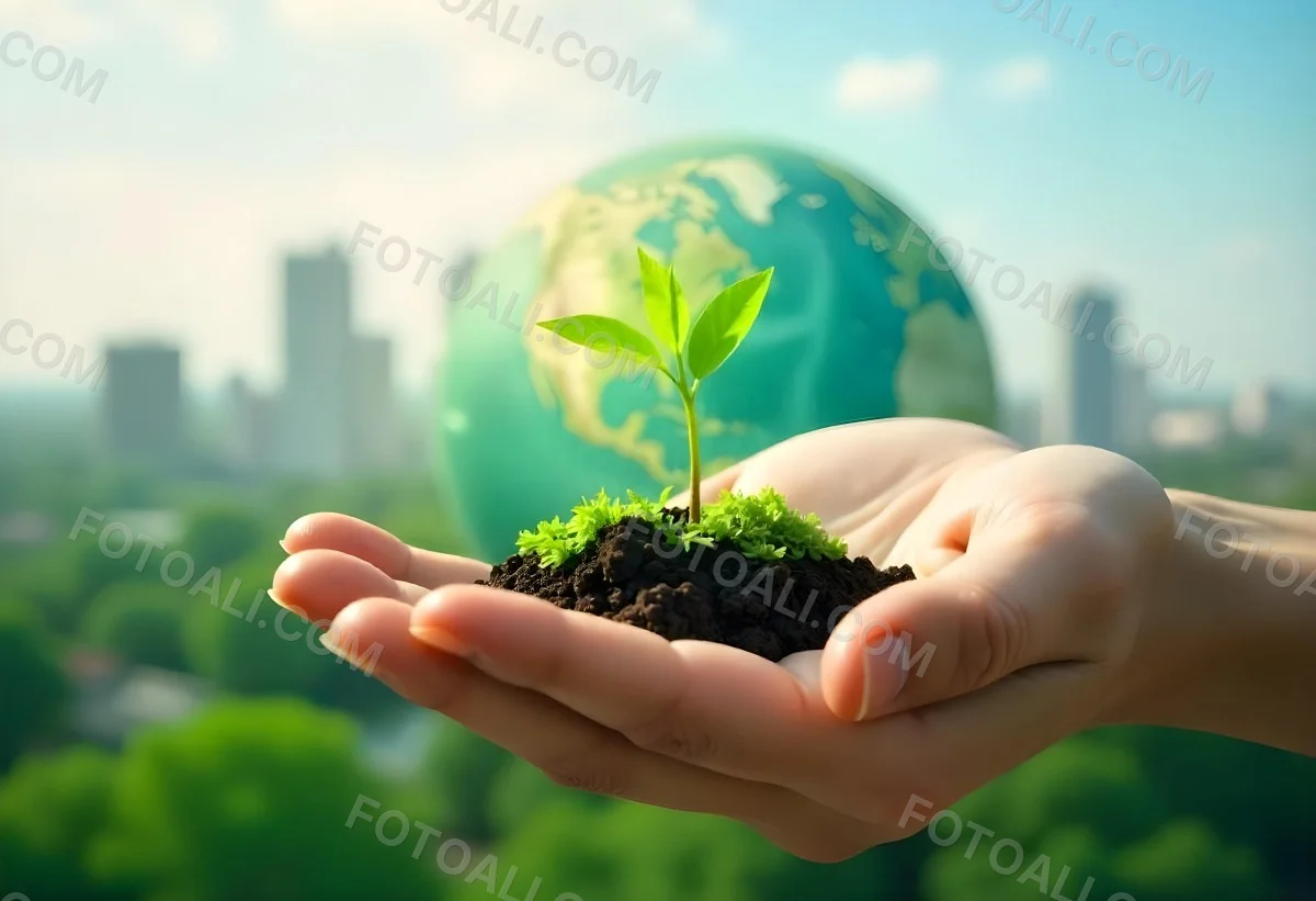 Two Hands Holding A Green Sprout In The Background A City With Skyscrapers And A Globe Concept Of Environmental Protection And Sustainability 33 4db4