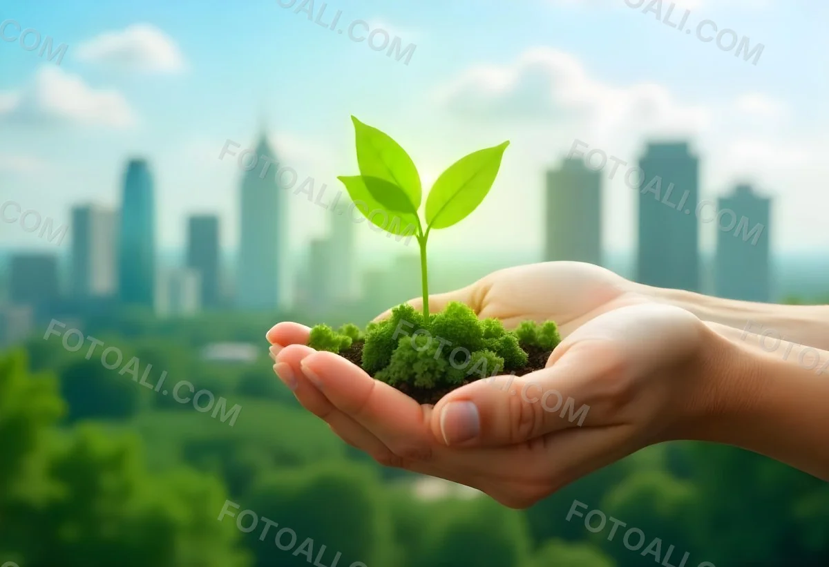 Two Hands Holding A Green Sprout In The Background A City With Skyscrapers And A Globe Concept Of Environmental Protection And Sustainability 4 3e4f