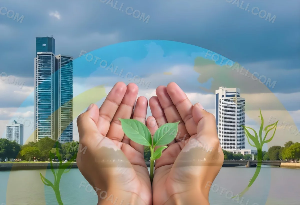 Two Hands Holding A Green Sprout In The Background A City With Skyscrapers And A Globe Concept Of Environmental Protection And Sustainability 5 Bdf3