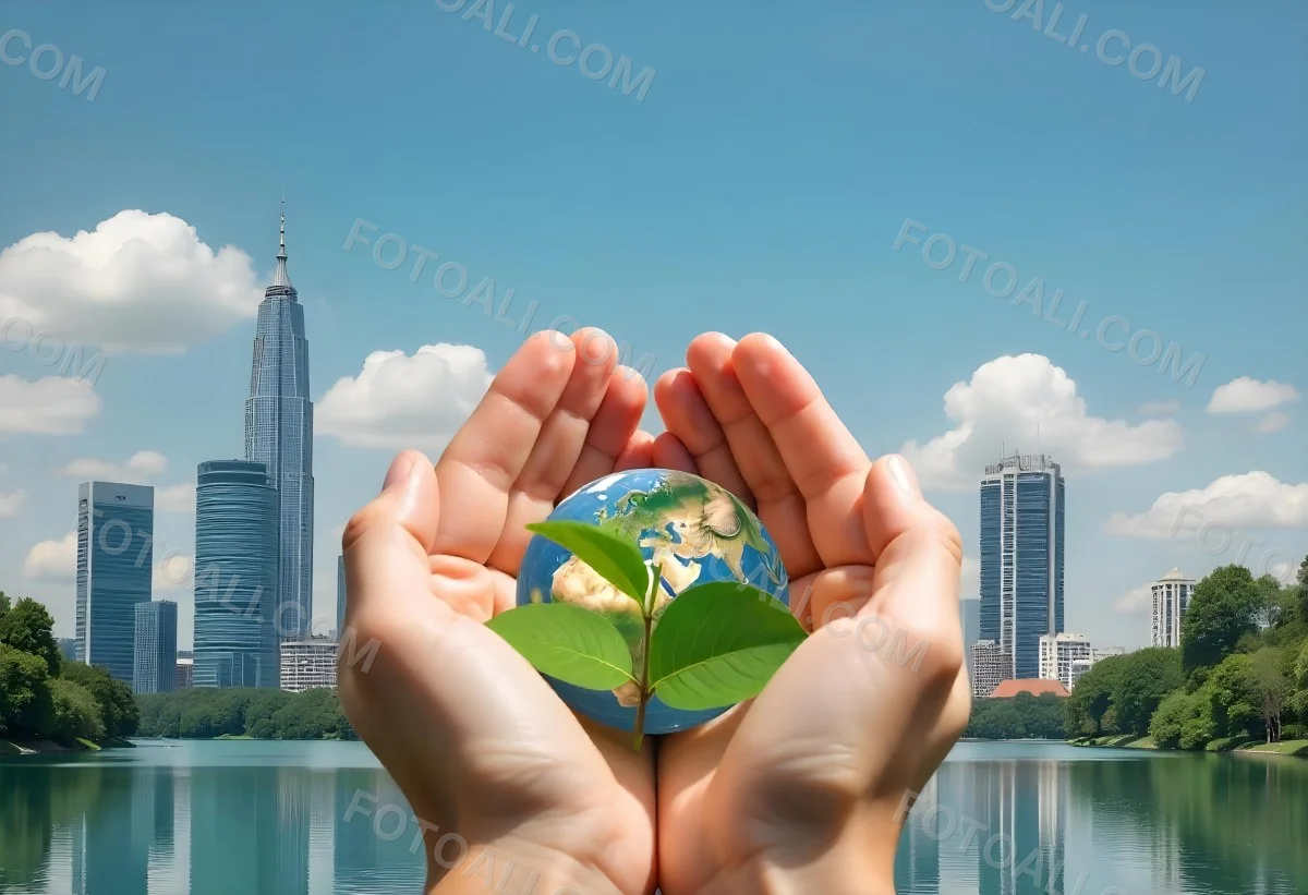 Two Hands Holding A Green Sprout In The Background A City With Skyscrapers And A Globe Concept Of Environmental Protection And Sustainability 6 35cb