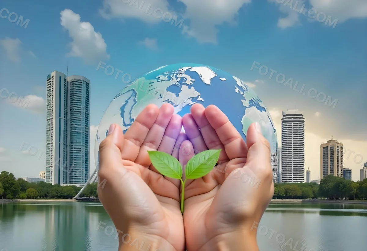 Two Hands Holding A Green Sprout In The Background A City With Skyscrapers And A Globe Concept Of Environmental Protection And Sustainability 7 Baed