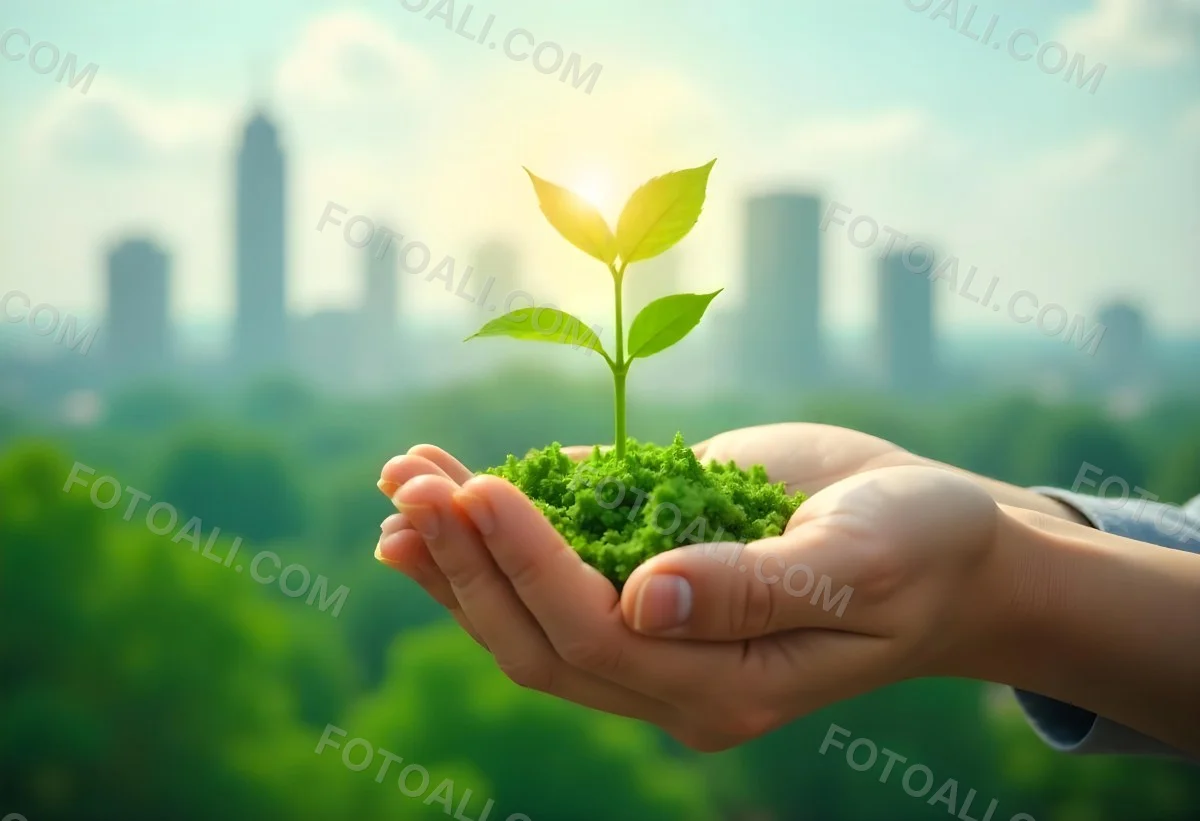 Two Hands Holding A Green Sprout In The Background A City With Skyscrapers And A Globe Concept Of Environmental Protection And Sustainability 8 2a74