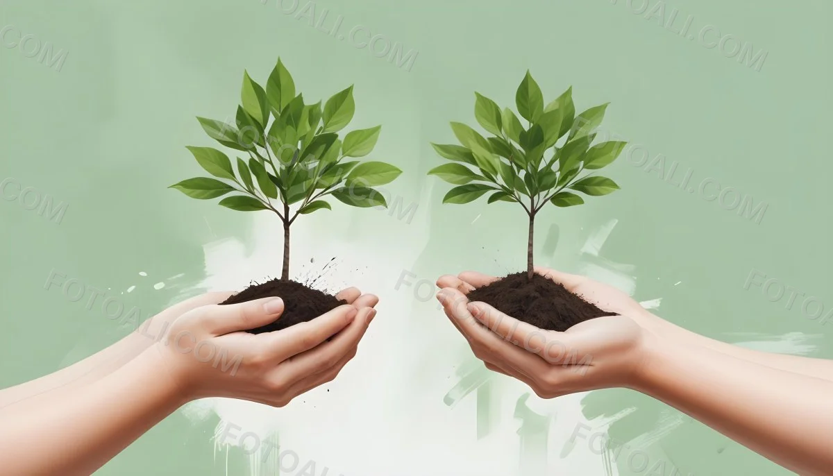 Two Hands Holding A Small Tree With Green Leaves And White Soil Blurred Green And White Background 1 812c