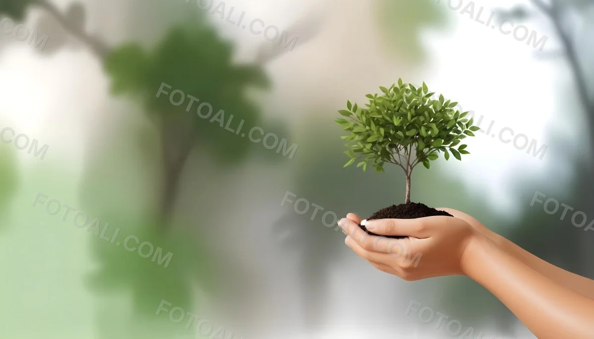 Two Hands Holding A Small Tree With Green Leaves And White Soil Blurred Green And White Background 14 06e2