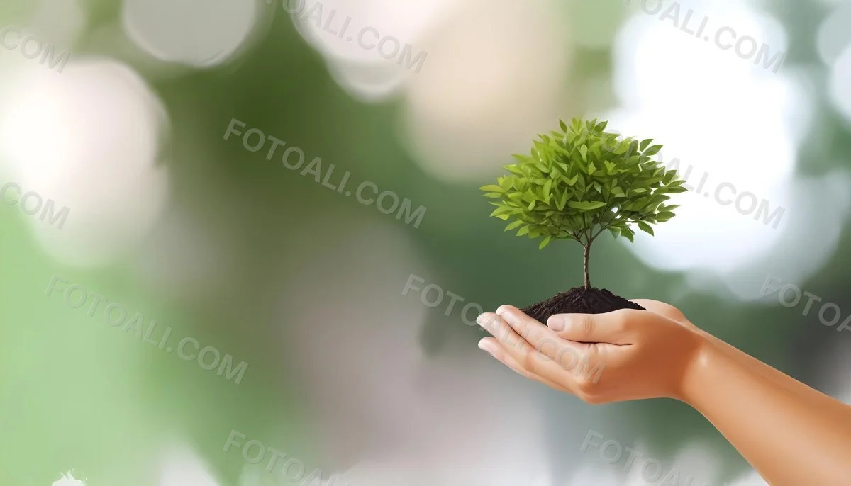 Two Hands Holding A Small Tree With Green Leaves And White Soil Blurred Green And White Background 16 4d2e
