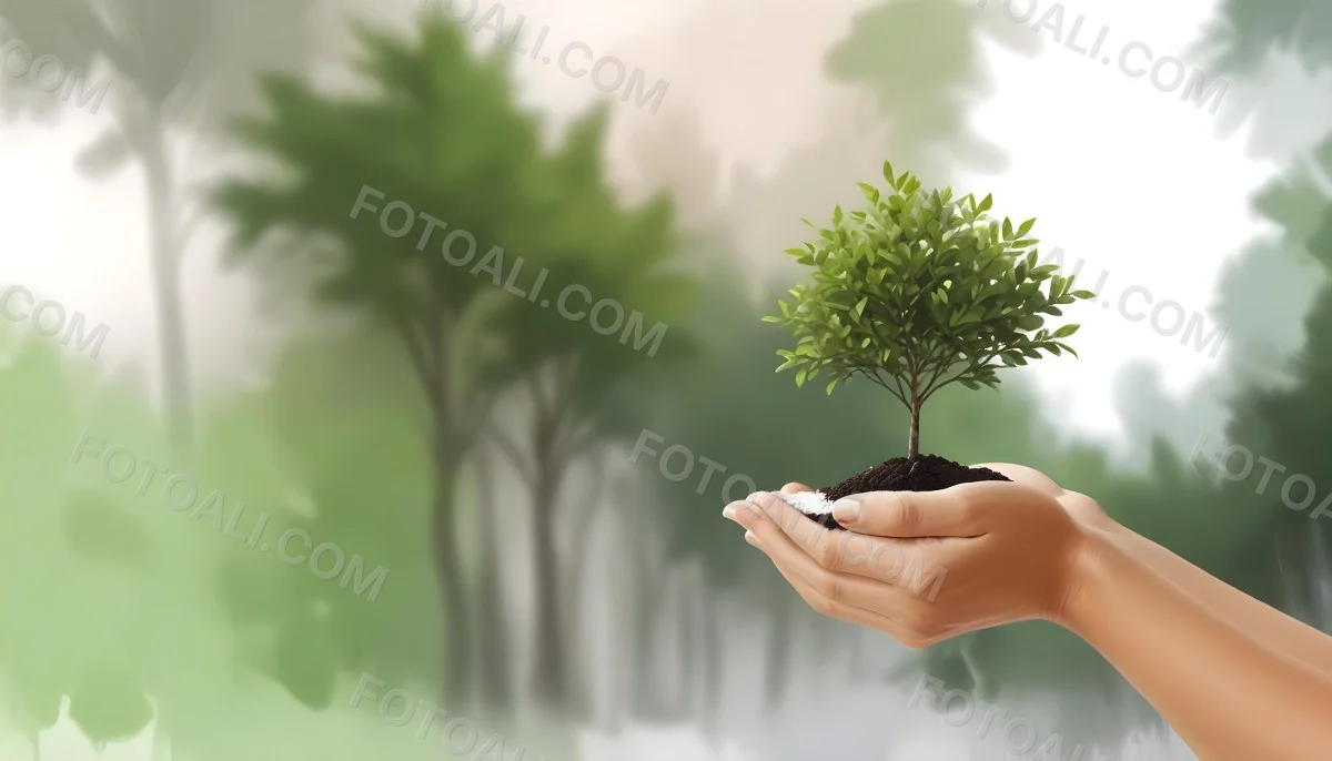 Two Hands Holding A Small Tree With Green Leaves And White Soil Blurred Green And White Background 16 5fca