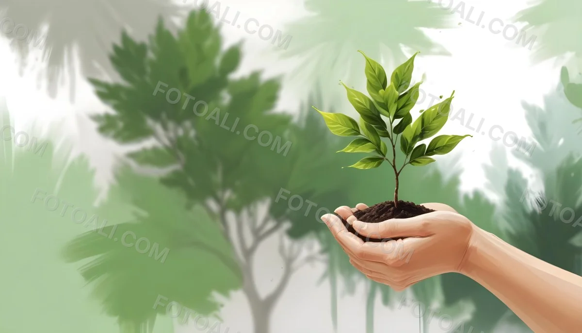 Two Hands Holding A Small Tree With Green Leaves And White Soil Blurred Green And White Background 18 919a