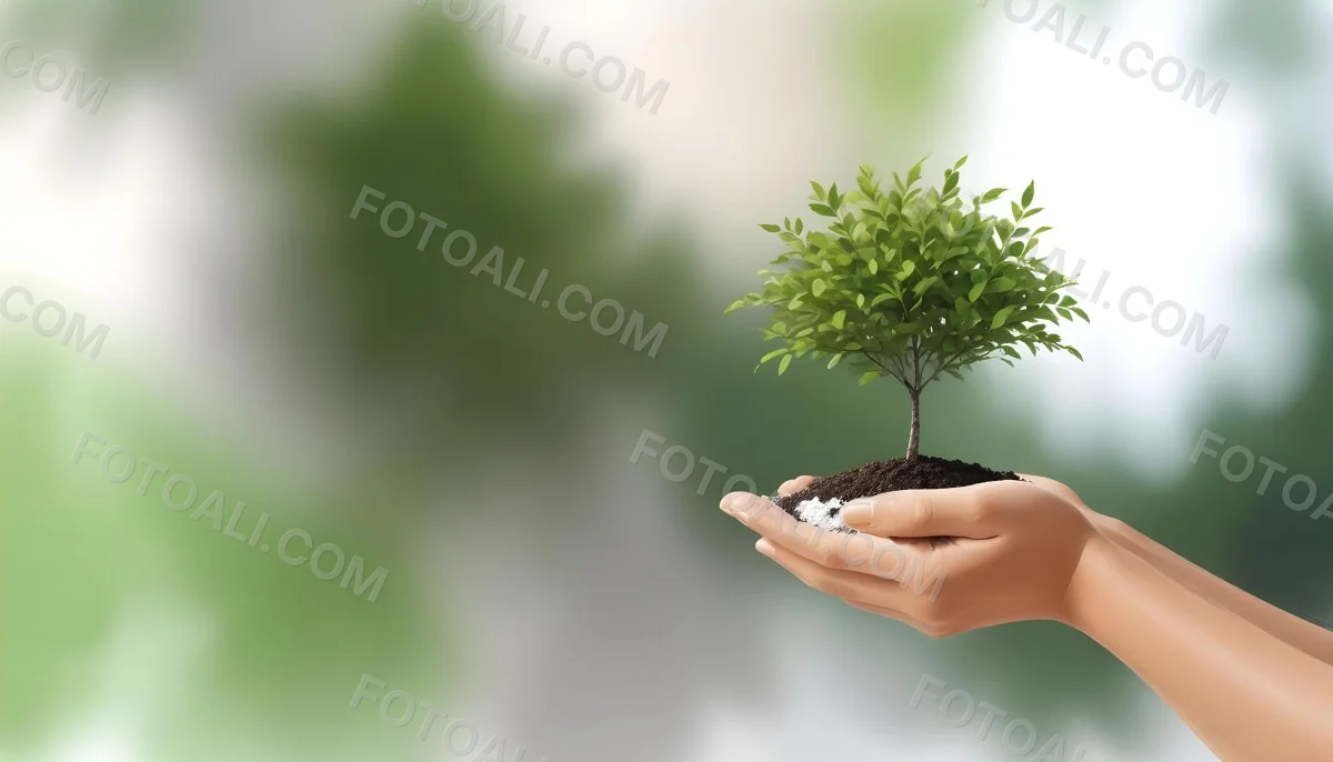 Two Hands Holding A Small Tree With Green Leaves And White Soil Blurred Green And White Background 2 4c77