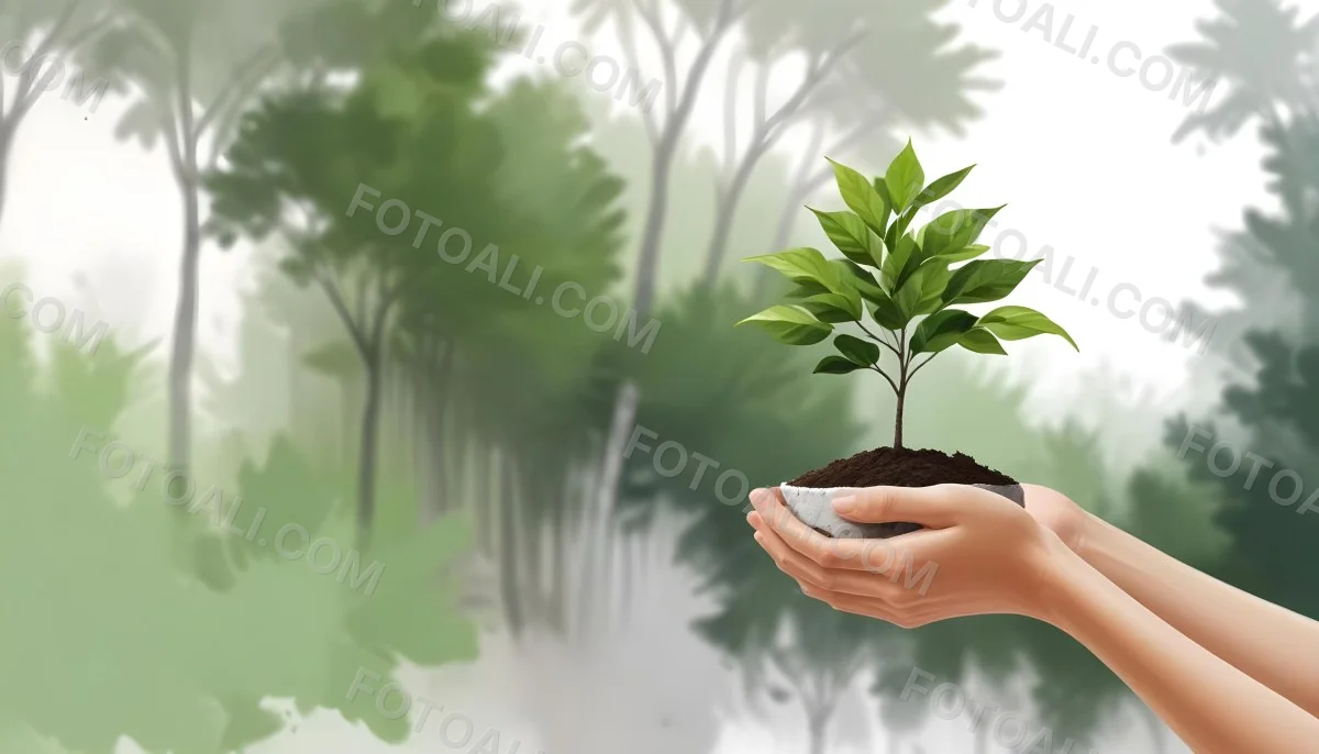 Two Hands Holding A Small Tree With Green Leaves And White Soil Blurred Green And White Background 5 15b4