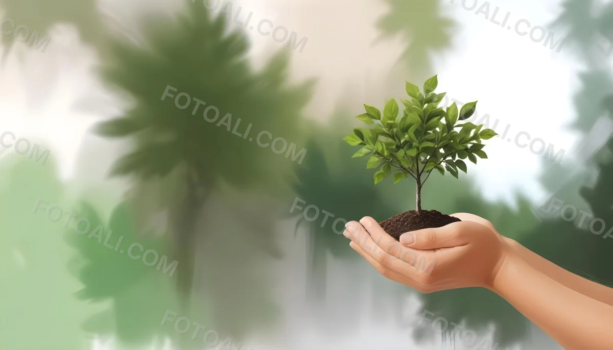 Two Hands Holding A Small Tree With Green Leaves And White Soil Blurred Green And White Background 5 D6fb