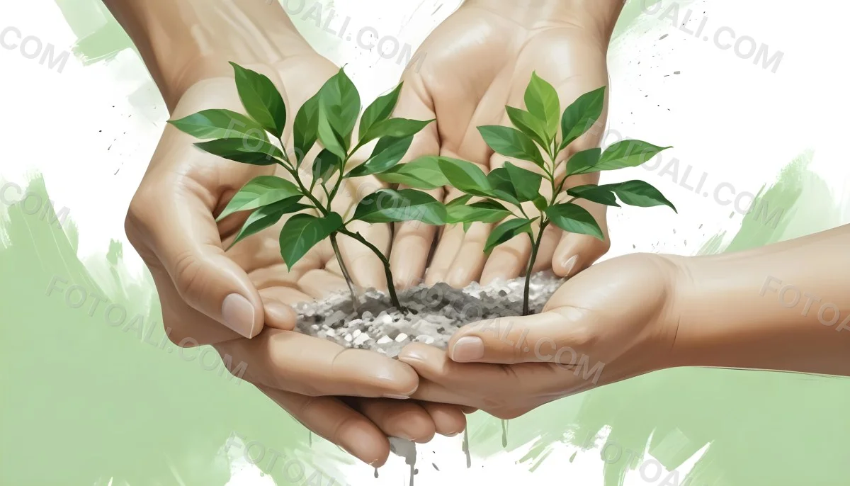 Two Hands Holding A Small Tree With Green Leaves And White Soil Blurred Green And White Background 7 52fa