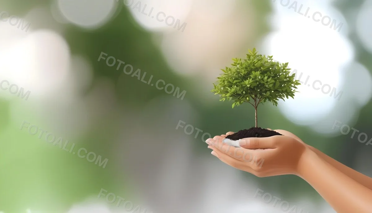 Two Hands Holding A Small Tree With Green Leaves And White Soil Blurred Green And White Background 8 2c47