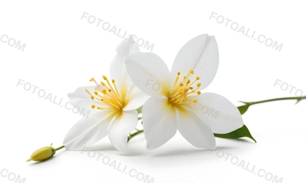 Two Jasmine Flowers With Yellow Petals And White Stamens Close Up Shot Soft Lighting Against A Plain White Background Focus On The Delicate Details Of The Flower 2 3fca