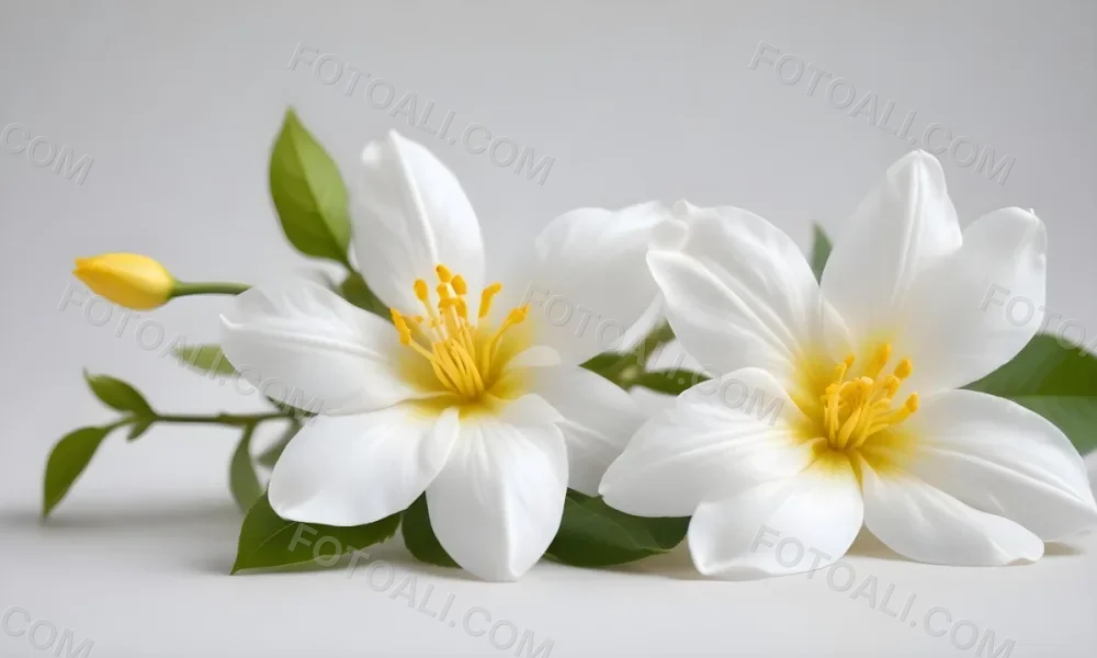 Two Jasmine Flowers With Yellow Petals And White Stamens Close Up Shot Soft Lighting Against A Plain White Background Focus On The Delicate Details Of The Flower 24 5340