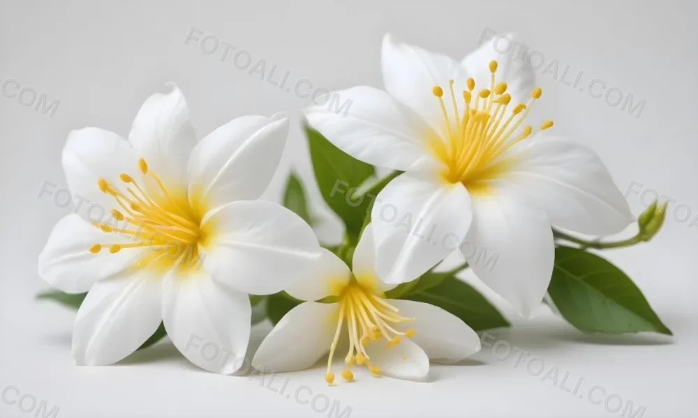 Two Jasmine Flowers With Yellow Petals And White Stamens Close Up Shot Soft Lighting Against A Plain White Background Focus On The Delicate Details Of The Flower 26 Cd8c