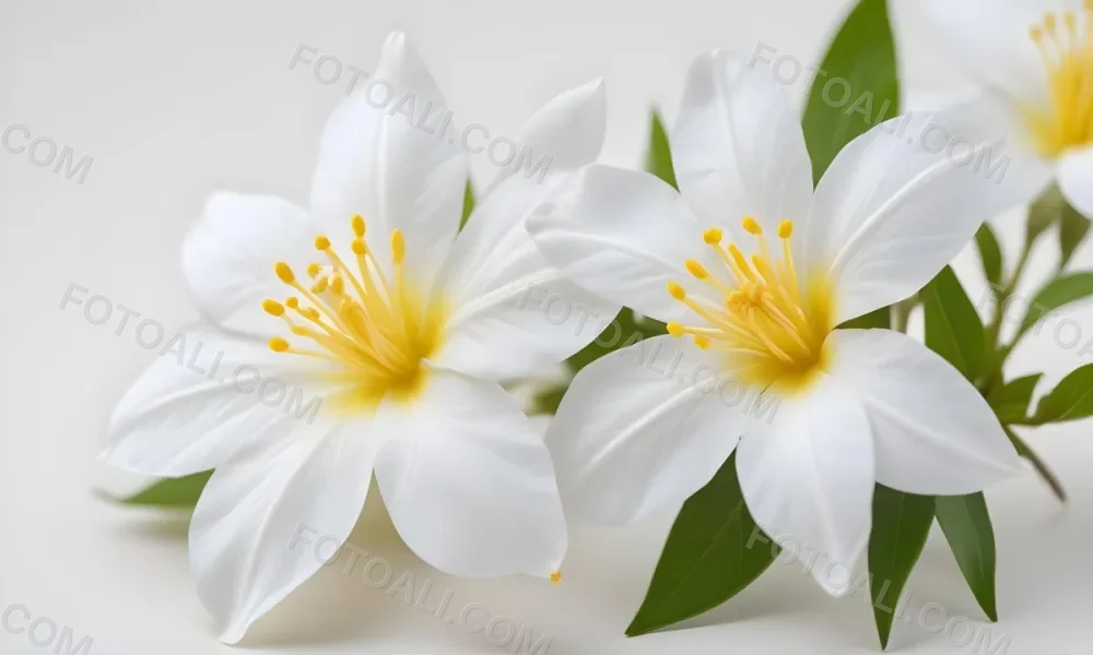 Two Jasmine Flowers With Yellow Petals And White Stamens Close Up Shot Soft Lighting Against A Plain White Background Focus On The Delicate Details Of The Flower 33 D397
