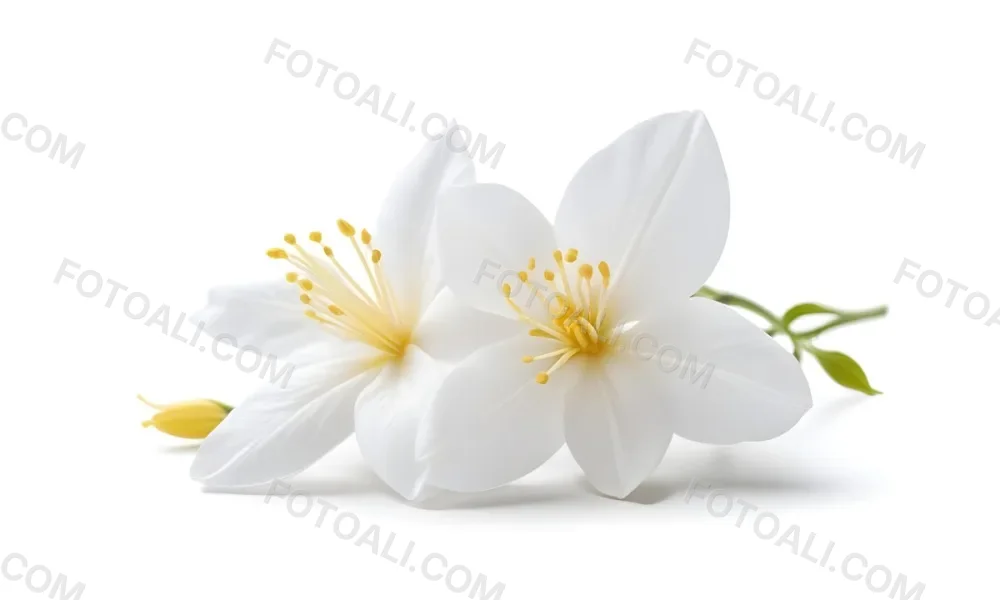 Two Jasmine Flowers With Yellow Petals And White Stamens Close Up Shot Soft Lighting Against A Plain White Background Focus On The Delicate Details Of The Flower 34 27d8