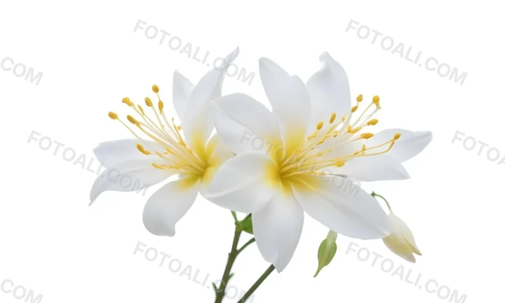 Two Jasmine Flowers With Yellow Petals And White Stamens Close Up Shot Soft Lighting Against A Plain White Background Focus On The Delicate Details Of The Flower 5 Dd98